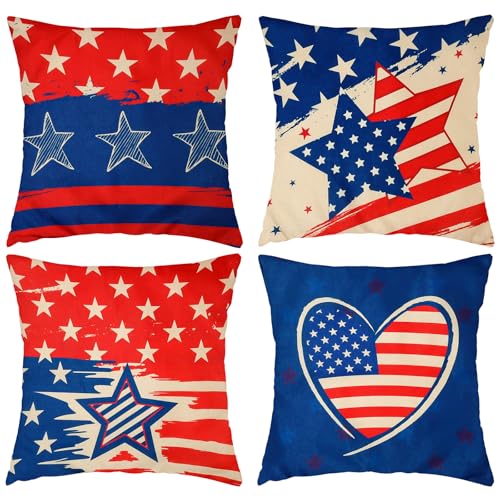 Patriotic 18x18 Linen Pillow Covers Set of 4 - Stars & Stripes
