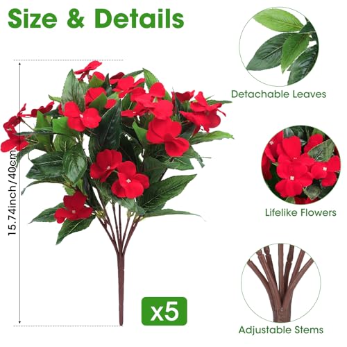 5 Pcs UV Resistant Artificial Impatiens Flowers for Outdoors