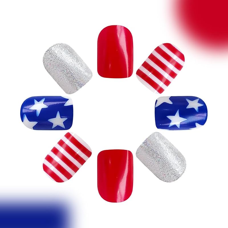 4th of July Press on Nails Short Square Blue Star False Nails
