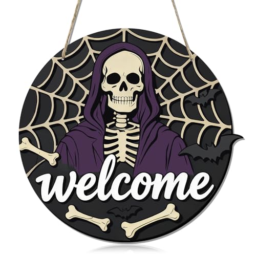 EoffIvan Halloween Wooden Door Sign Skull Hanging Decor for Front Door
