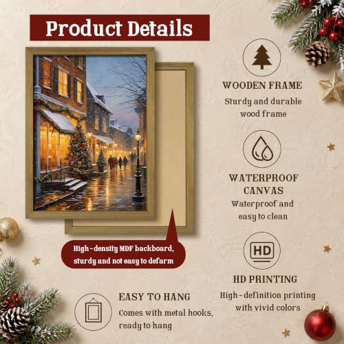 Christmas Wall Art Canvas Print Framed Vintage Snow Street Scene 16x12 - Red Barn