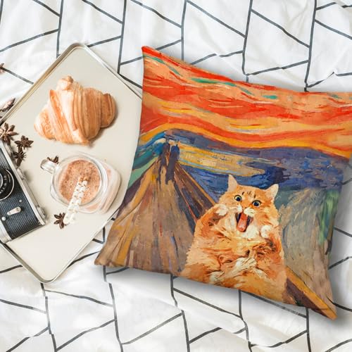 Funny Abstract Orange Cat Pillow Cover 18x18, Retro Modern Flannelette Case