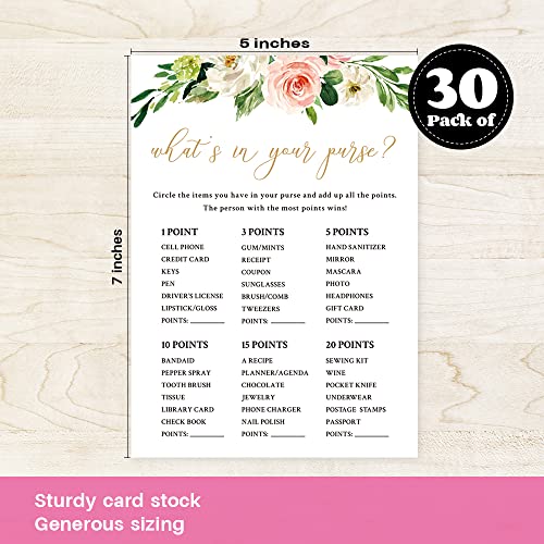 What's in Your Purse Game Cards - 30 Pack for Bridal Shower & Weddings
