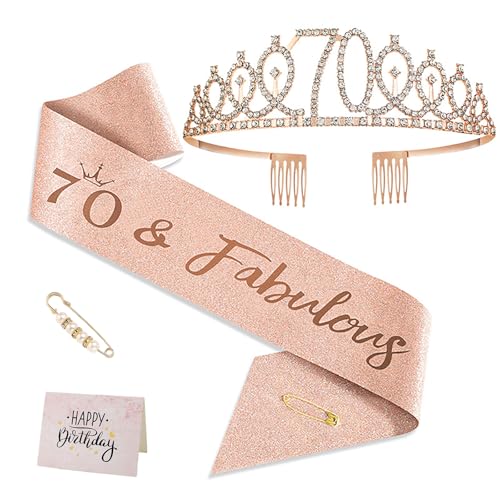 Halfte 70th Birthday Crown & Sash Pin Set for Women - 70th Celebration Decorations