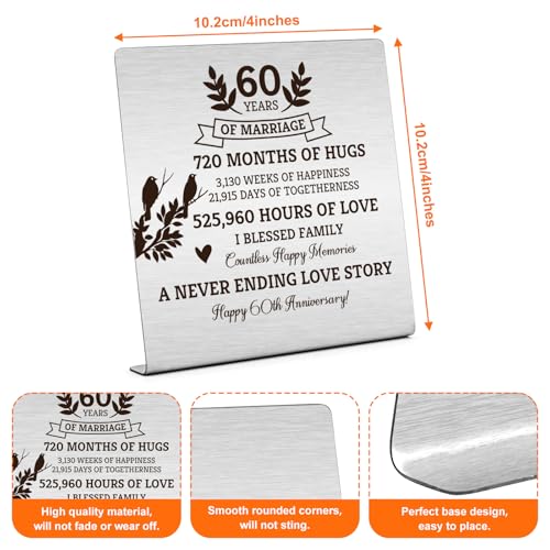 60th Wedding Anniversary Keepsake Plaque - 4x4 Inch Stainless Steel Desk Sign for Couples Parents