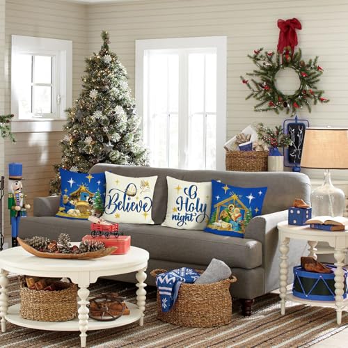 Bonhause Blue Christmas Throw Pillow Covers 18x18 Inch Nativity Scene Holiday Decor - Blue-1