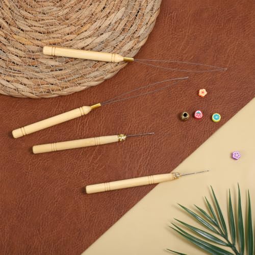 4Pcs Hair Extension Loop Tool Kit with Wooden Handle Threading Needles