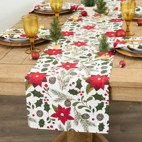 Christmas Holly Table Runner 14x72 Inches - Holiday Kitchen Decor - Poinsettia & Greenery