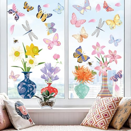 Spring Flower Butterfly Window Clings - 44 Pcs Reusable PVC Stickers