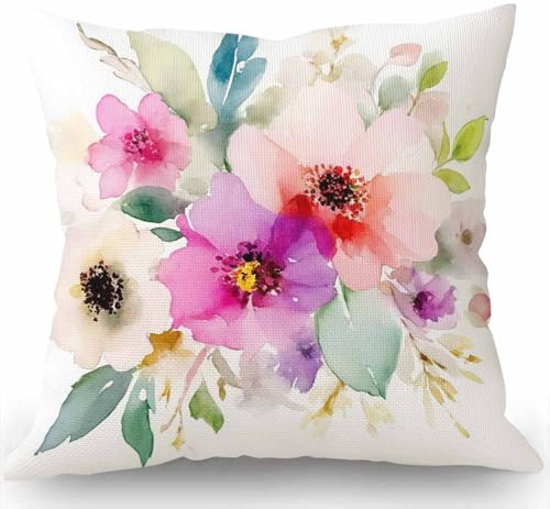 Watercolor Floral Throw Pillow Cover - 18x18 Eco-Friendly Cotton Linen