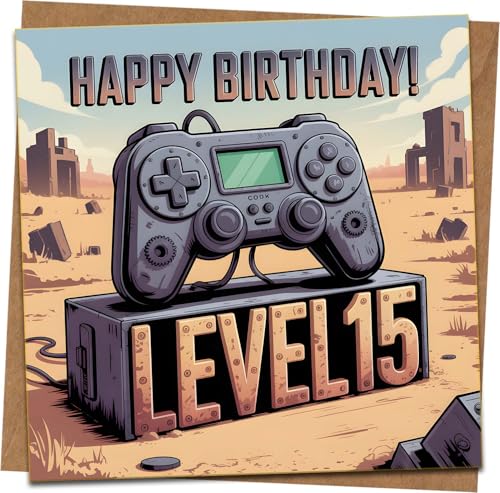 Level 15 Gamer Birthday Card – Funny 15th Birthday Video Game Controller Design with Kraft Envelope