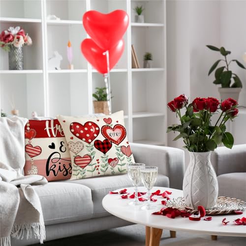Valentine's Day Pillow Covers Set of 4 - Heart & Flower Design