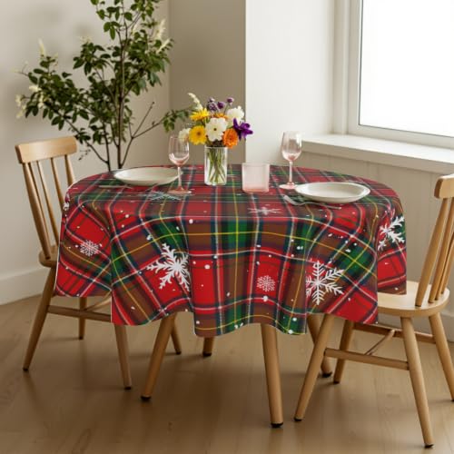 Xmas Plaid Snowflake Round Tablecloth - 60 Inch Holiday Christmas Decor