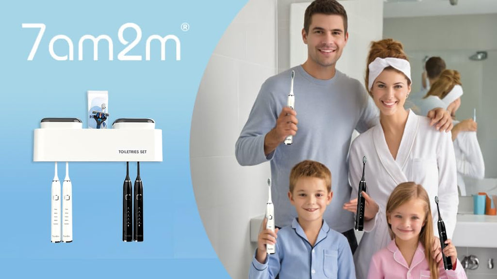 7AM2M Toothbrush Holders for Bathrooms,2 Cups Bathroom Organizer with Secure Hook - Stylish Wall Mounted or Desktop Use,Bathroom Organization and Storage,4 Toothbrush Slots, (White)
