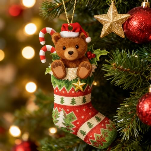 Adorable 2025 Bear Christmas Ornament - Santa Hat & Stocking