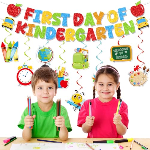 First Day of Kindergarten Decorations Set - 11PCS Glitter Banners & Swirls