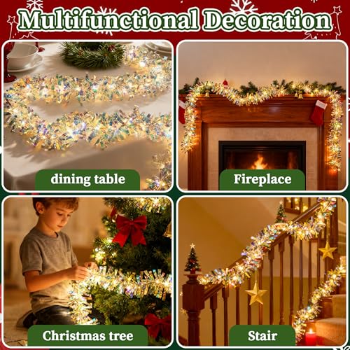Lighted Christmas Tinsel Garland 2 Pack - Iridescent Metallic Foil Streamers with Lights