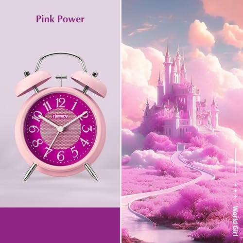 rjuwurv 4-Inch Twin Bell Alarm Clock - Silent Non-Ticking with Night Light, Pink