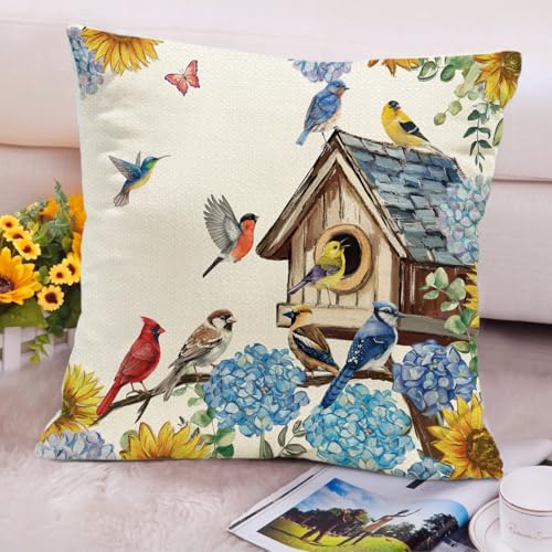 Hydrangea Birdhouse Throw Pillow Covers - Set of 4, 18x18 Inch