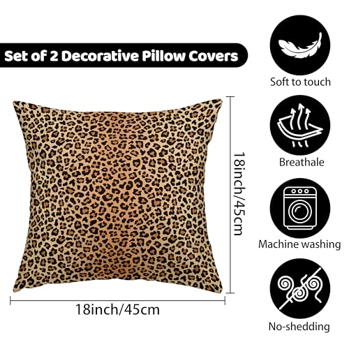 Cheetah Print Throw Pillow Covers - Brown Leopard, 18x18 in, Pack of 2