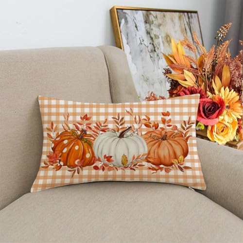 Fall Pillow Cover 12x20 Inch Orange Pumpkin Buffalo Plaid - ARGOOFG