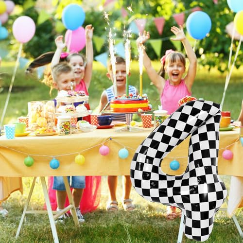 40 Inch Checkered Number 4 Balloon - Black & White Helium Decor