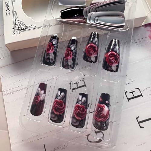 Dark Rose Press on Nails Medium Coffin Wine Red Y2K Acrylic Fake Nails Set