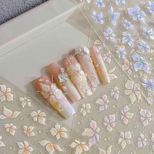 5D Embossed Flower Nail Art Stickers - 3 Sheets Self-Adhesive Floral Decals