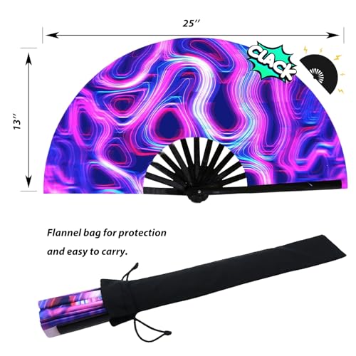 Large 25" UV Glow Rave Folding Hand Fan - Waves2 Design
