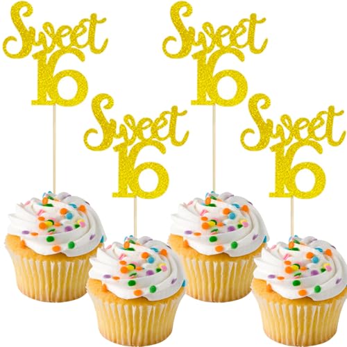 12 PCS Sweet 16 Glitter Cupcake Toppers – Yellow Cake Decorations