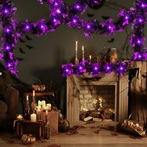 20FT Halloween Tinsel Garland with Purple LED Lights - Battery Operated