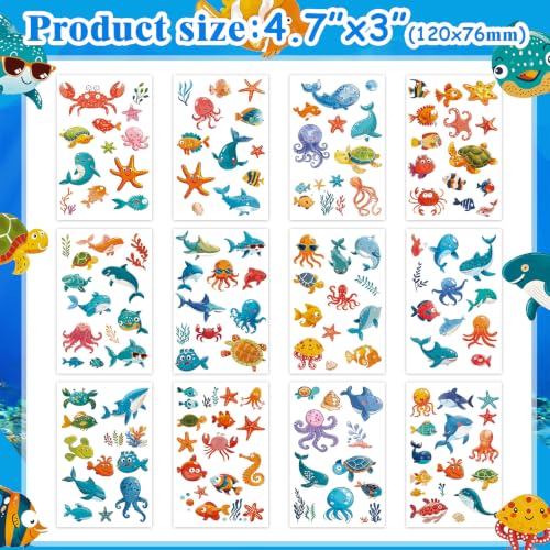 Konsait Ocean Animal Temporary Tattoos - 12 Sheets Sea Life Stickers