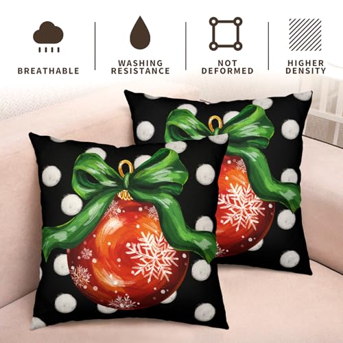 Christmas Pillow Covers Set of 2 - 18x18 Inch Red & Green Xmas Balls