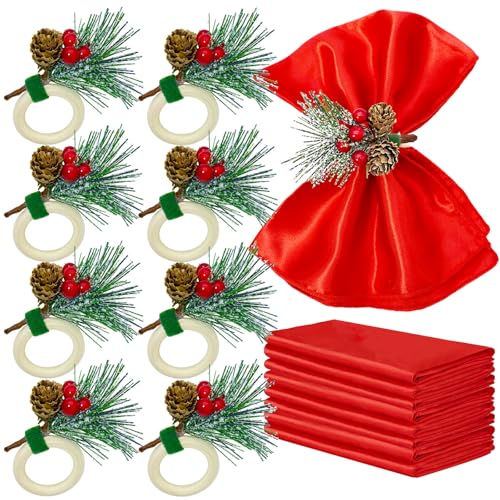 Christmas 16pcs Napkins & Rings Set Snowy Pine Cone Poinsettia Red Berry - Middle