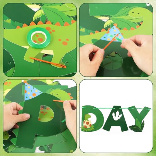 Dinosaur Birthday Banner with Cute Cards & Green Ribbon