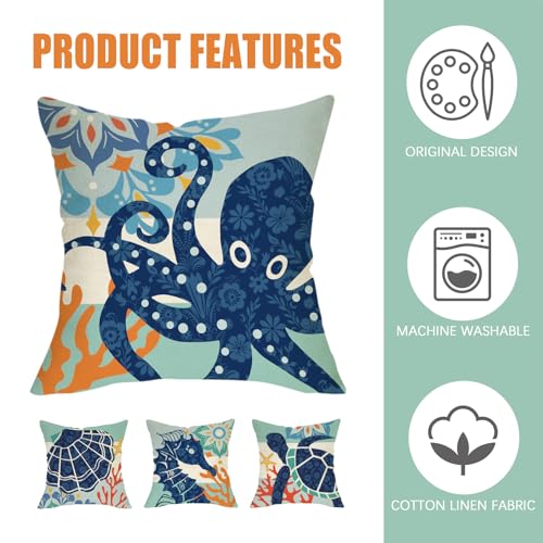 Fahrendom Under The Sea Throw Pillow Covers, 18x18 Marine Life, Set of 4