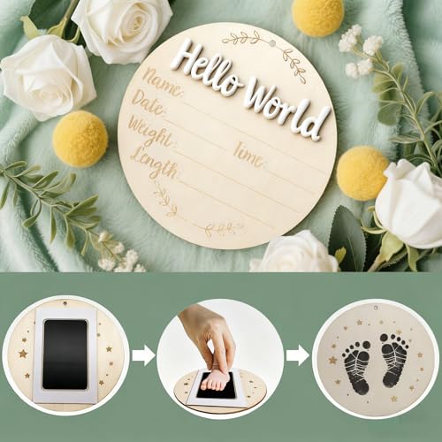 Hello World Baby Announcement Sign - 5.9" White Wooden Keepsake Set