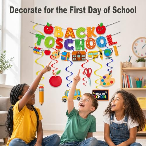 Happy First Day of School Banner Set - Glitter Decor & Hanging Swirls