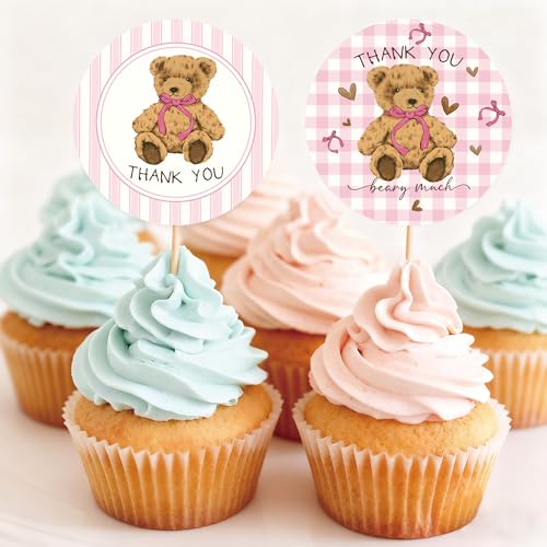 84pcs Baby Shower Thank You Stickers - Pink Bear Design, 2 Inch