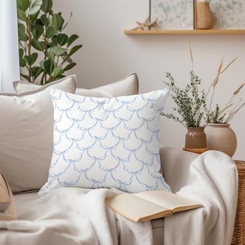 Blue Bow Flannel Throw Pillow Cover 18x18, Coquette Room Decor (Blue 1)