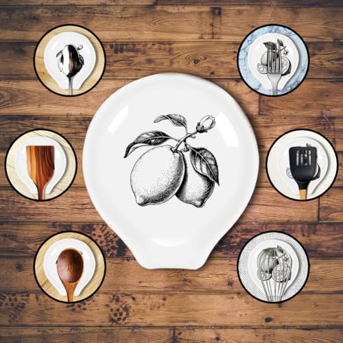 Ceramic Spoon Rest with Lemons Pattern - 2Pcs Heat Resistant Utensil Holder