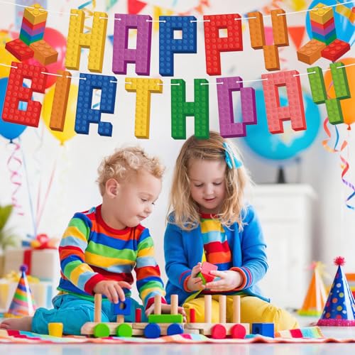 Building Block Happy Birthday Banner Colorful Brick Party Decorations