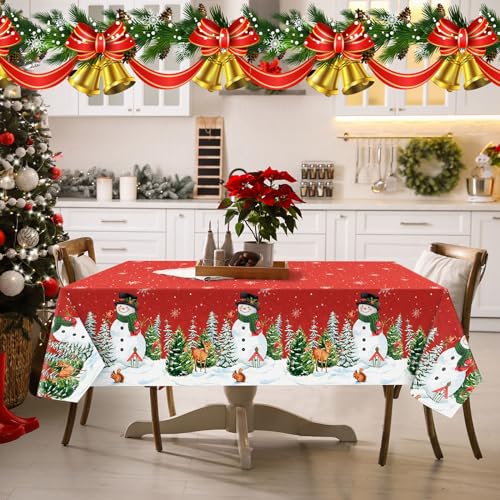Peryiter Christmas Snowman Tablecloth Set - 2 Pieces 54x108 Inch Red Winter Table Cover