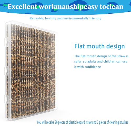 28 Pcs Reusable Leopard Print Straws with Cleaning Brushes - 9 Inch PETG