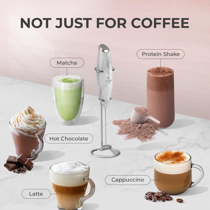 Zulay Kitchen Milk Frother Wand - Ultra Fast Handheld Drink Mixer with 4 AA Duracell Batteries | Marble Finish for Coffee, Lattes & Cappuccino