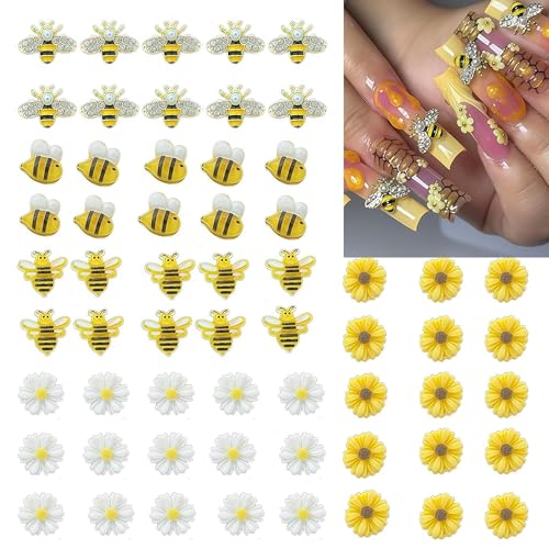 COOSLIM 3D Bee & Daisy Flower Nail Art Charms - 60Pcs Resin Gems