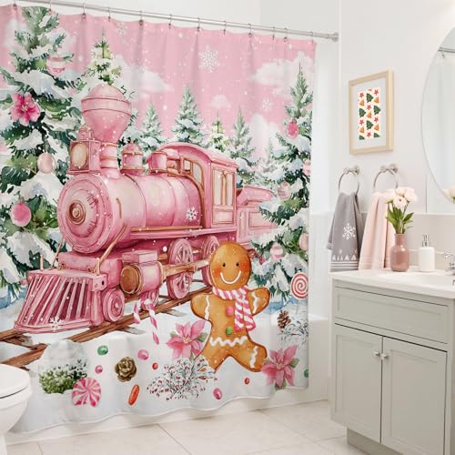 Christmas Shower Curtain - Gingerbread Train Design, 71x71in