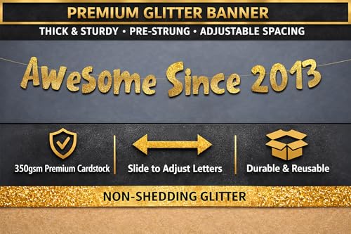 Awesome Since 2013 Gold Glitter Banner - Pre-Strung 13th Birthday Decoration
