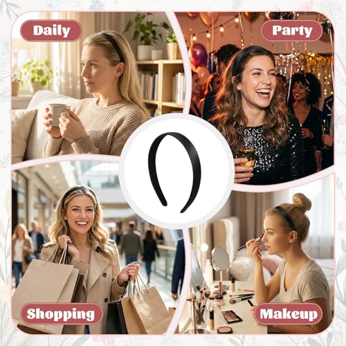 Tiesome 3-Pack Satin Black Headbands for Women 0.8 Inch Wide Non-Slip