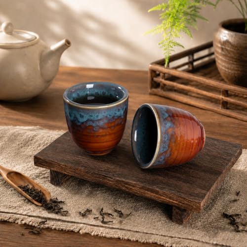 Peacock Tail Ceramic Japanese Tea Cups - Set of 2, 5 oz
